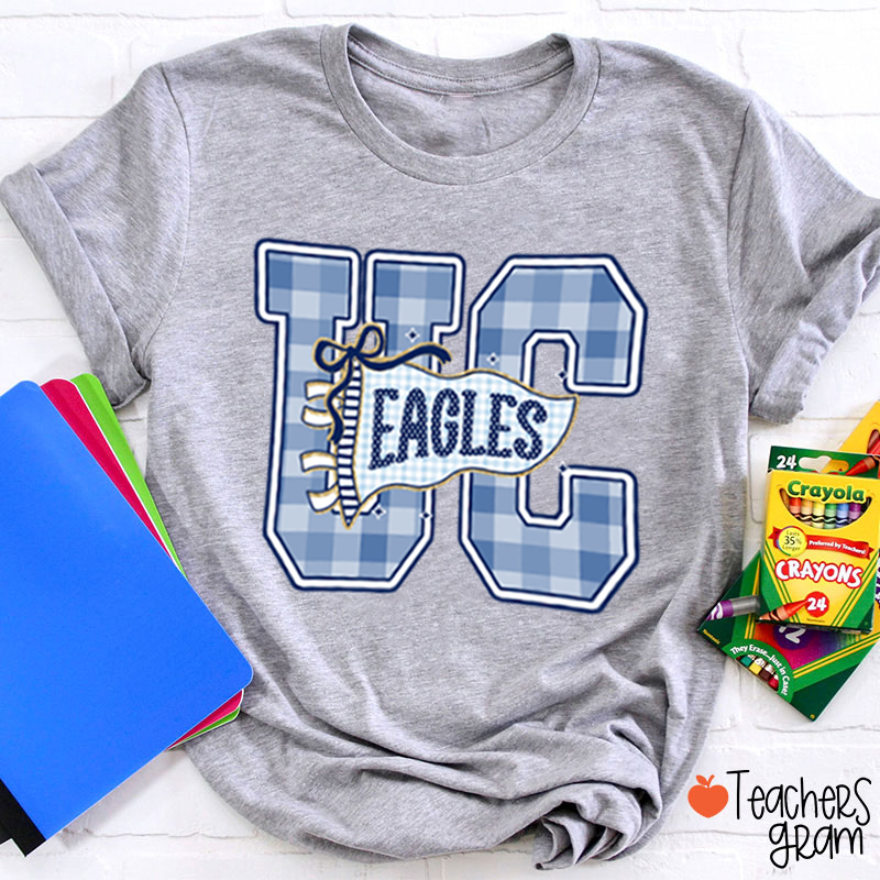 Personalized Mascot Gingham Varsity Letter Bow Teacher T-Shirt