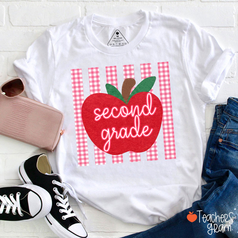 Personalized Grade Gingham Apple Teacher T-Shirt