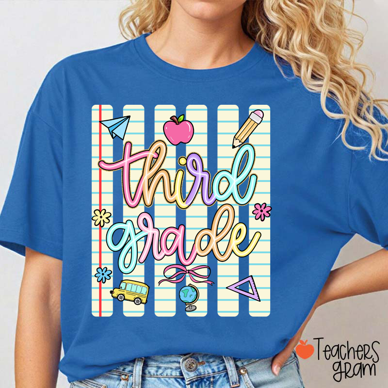 Personalized Grade Notebook Stripes Cute Icons Teacher T-Shirt