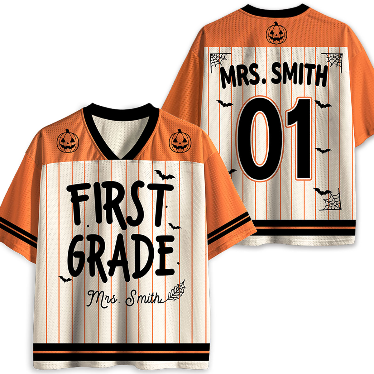 Personalized Name And Grade Stripes Pumpkin Teacher Mesh Jersey