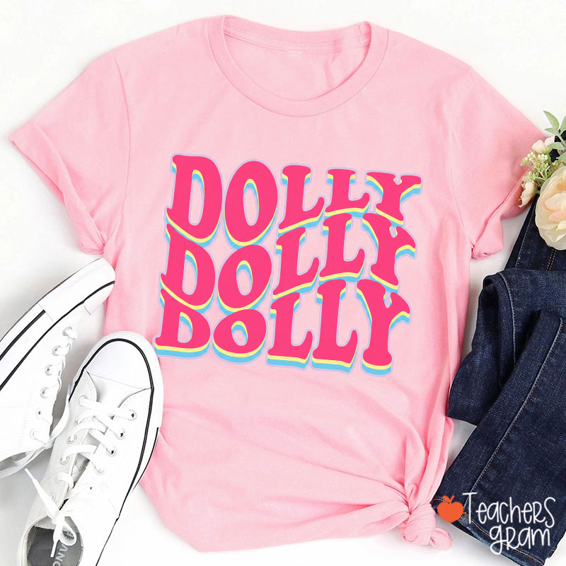 Dolly Repeated Retro Groovy Text Teacher T‑Shirt