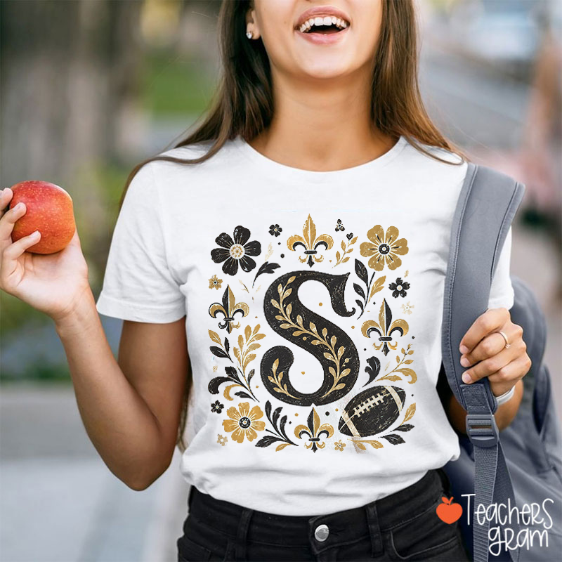 Personalized Initial Folk Floral Sport Element Ornate Letter Teacher T‑Shirt