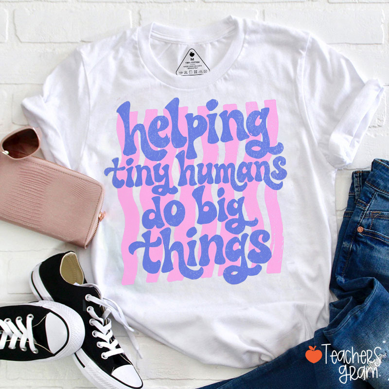 Helping Tiny Humans Do Big Things Pink Stripe Retro Teacher T-Shirt