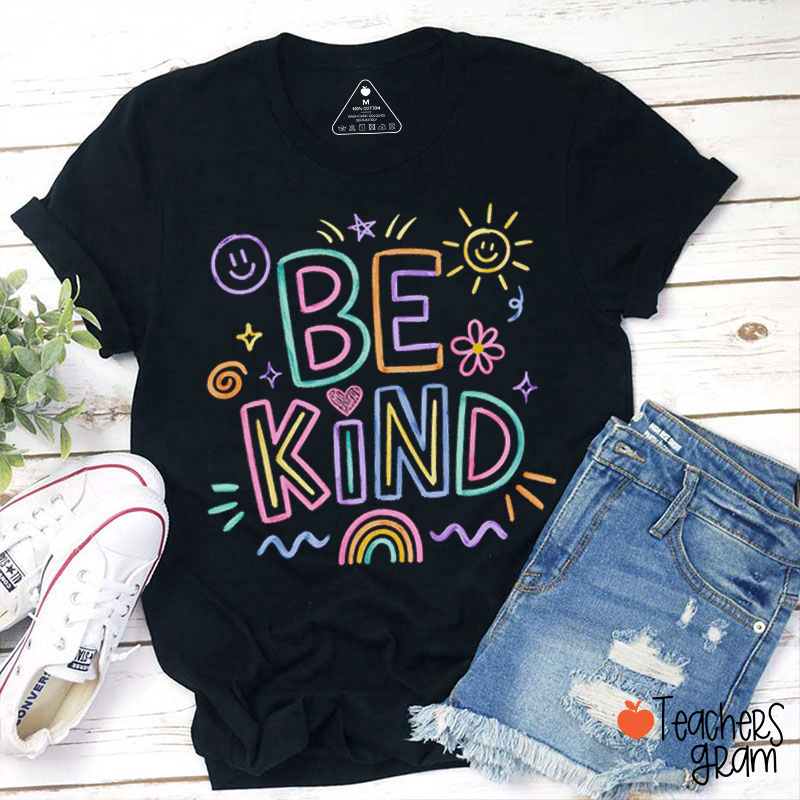 Be Kind Rainbow Sun Floral Doodle Graphic Teacher T-Shirt