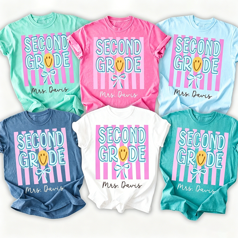 Personalized Grade Preppy Stripes Coquette Bow Teacher T-Shirt