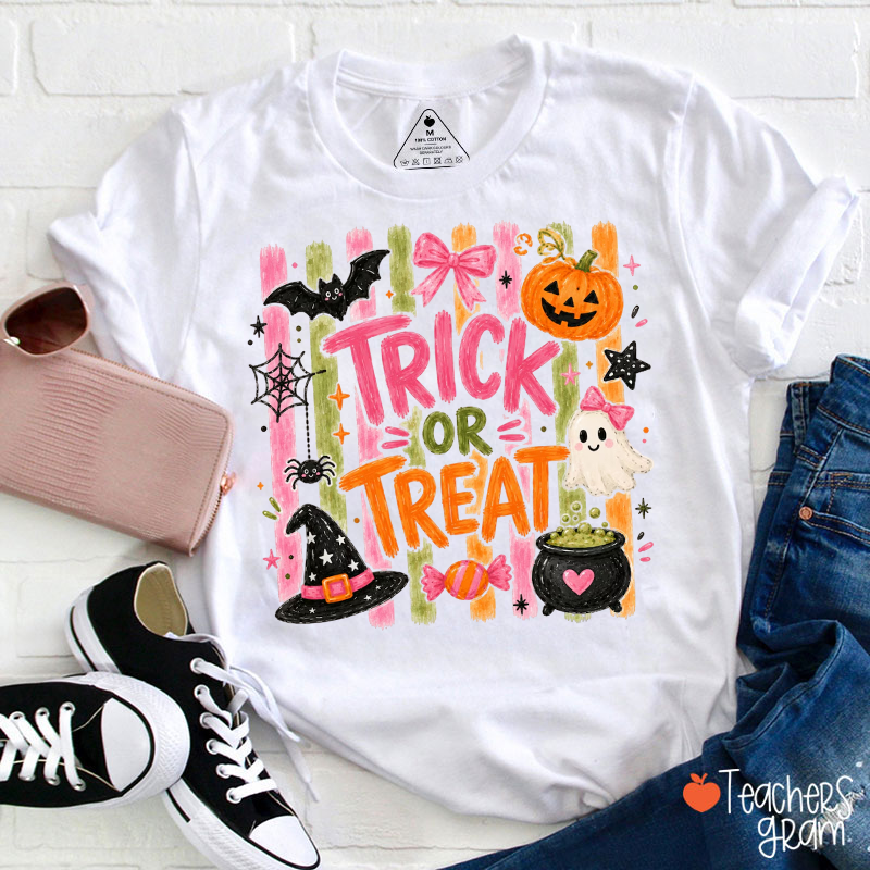 Trick Or Treat Halloween Bat Pumpkin Ghost Witch Hat Teacher T‑Shirt