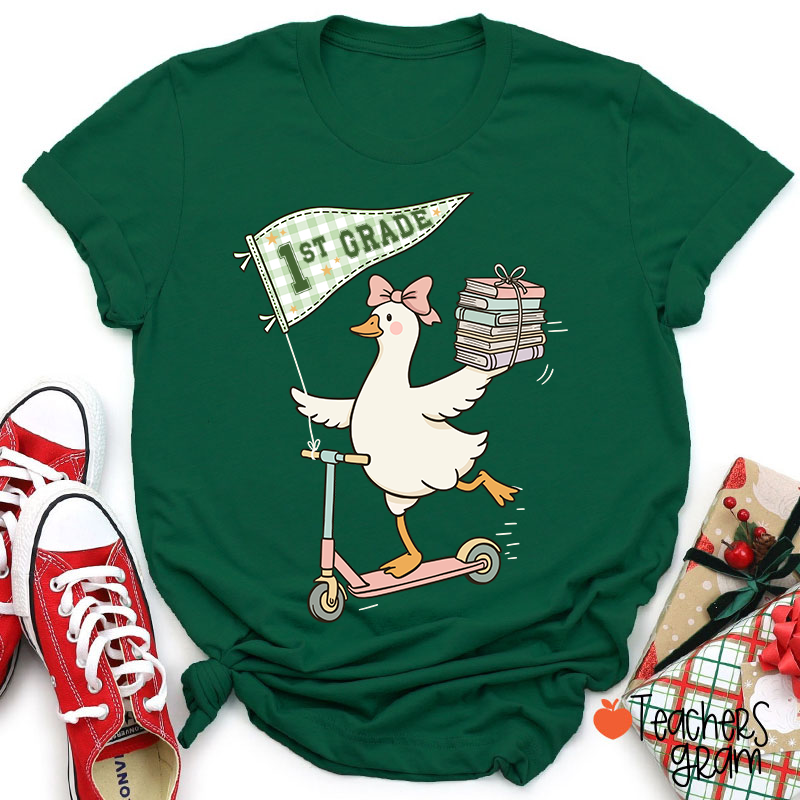 Personalized Grade Scooter Silly Goose Pennant Book Stack Teacher T-Shirt