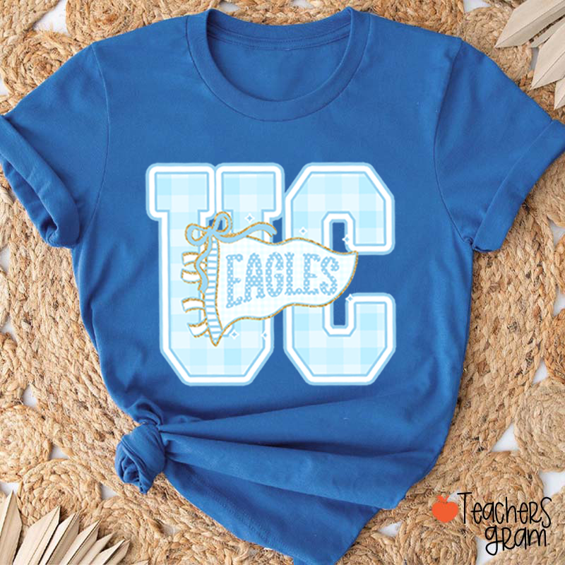 Personalized Mascot Gingham Varsity Letter Bow Teacher T-Shirt