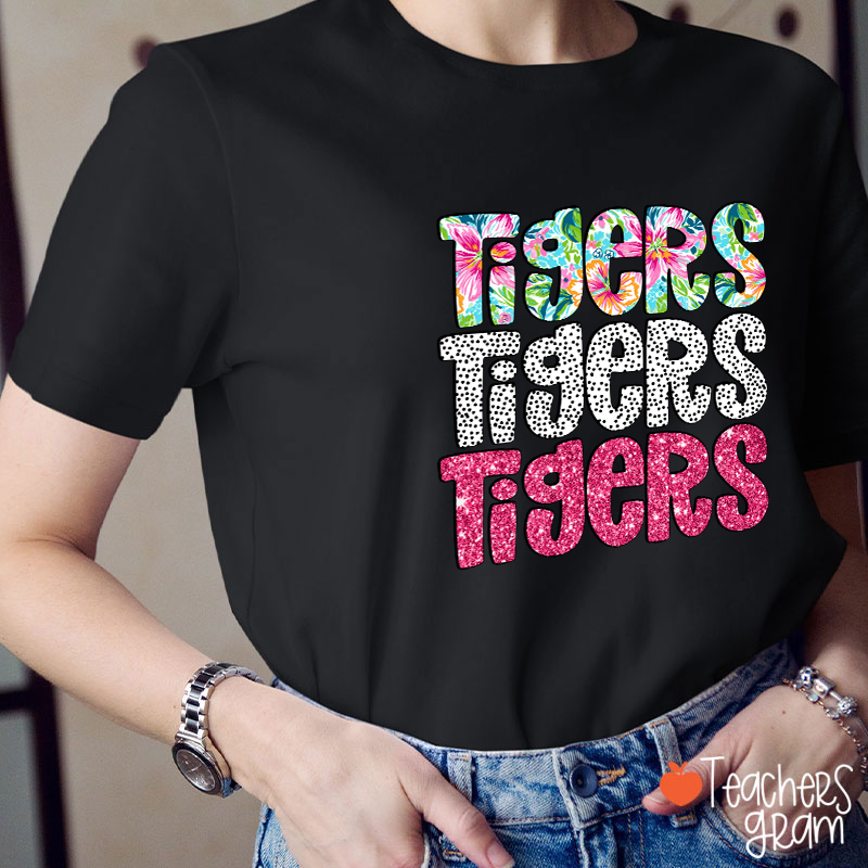 Personalized Mascot Flower Dot Pink Glitter Teacher T-Shirt