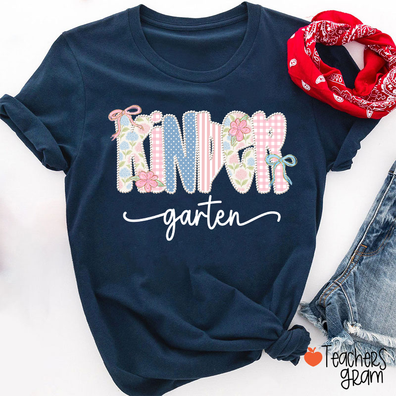Personalized Grade Gingham Floral Bow Varsity Letter Teacher T-Shirt