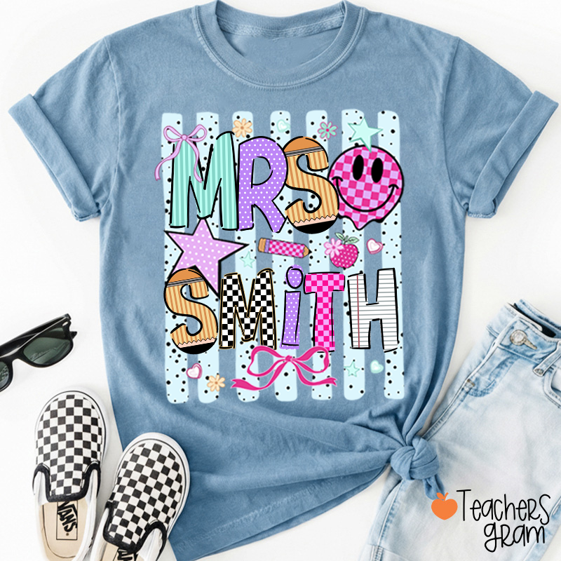 Personalized Grade Coquette Preppy Stripes Teacher T-Shirt