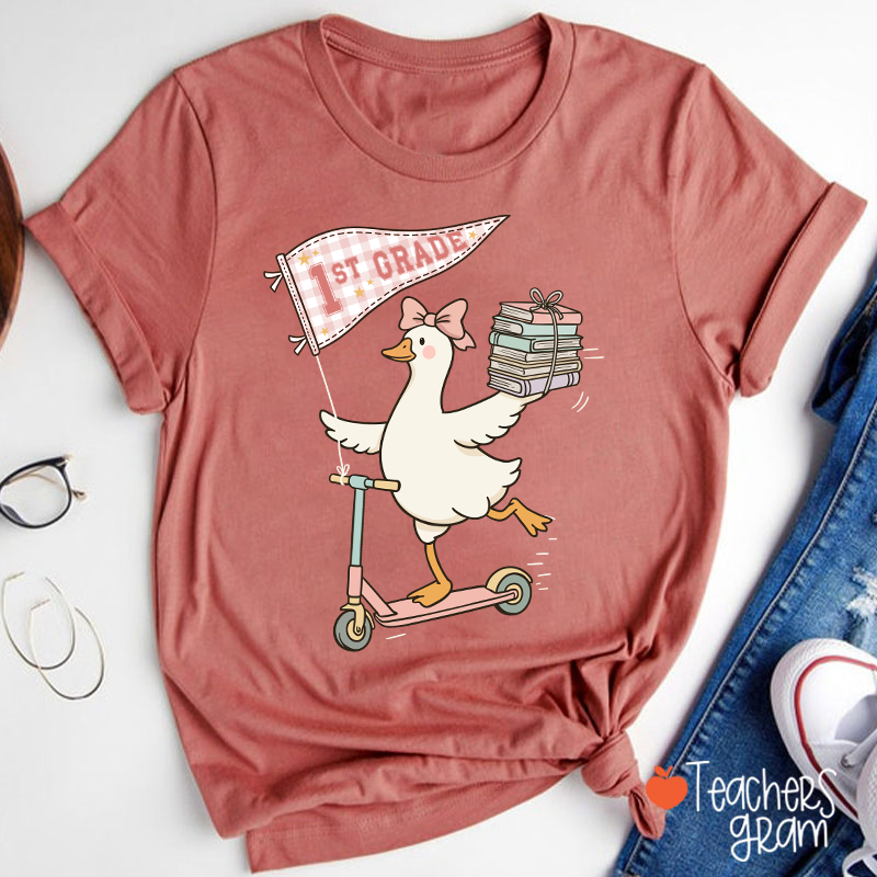 Personalized Grade Scooter Silly Goose Pennant Book Stack Teacher T-Shirt