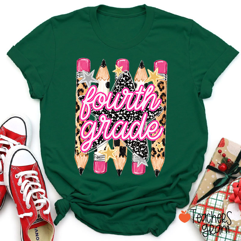 Personalized Grade Name Leopard Star Pencil Teacher T-Shirt