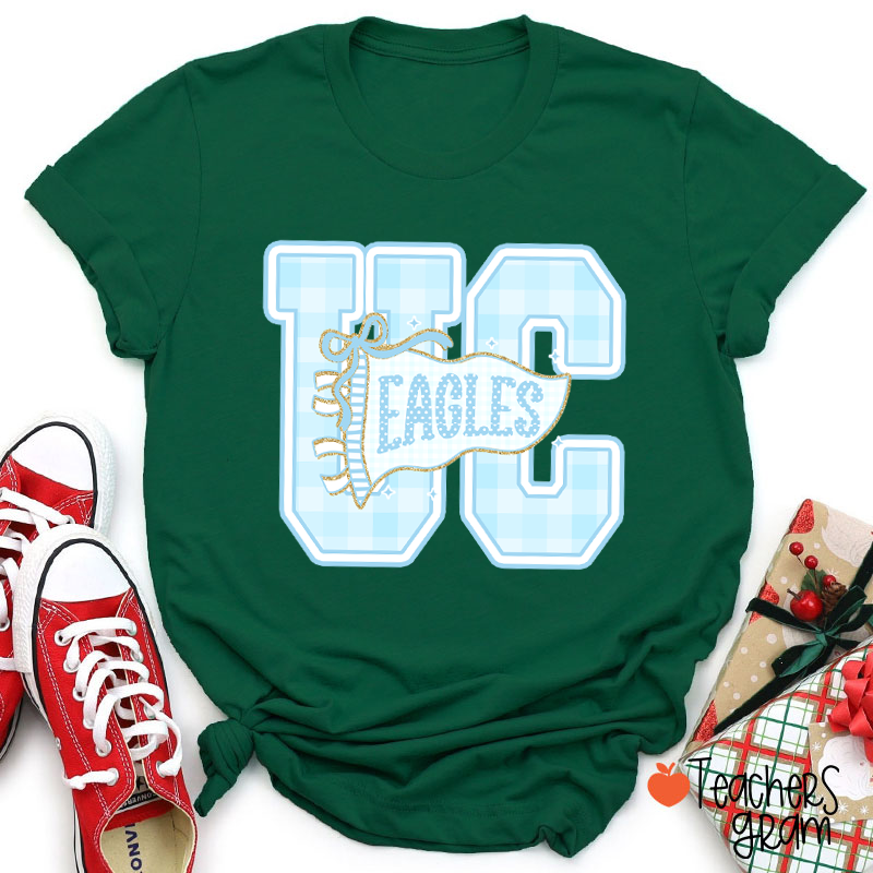 Personalized Mascot Gingham Varsity Letter Bow Teacher T-Shirt