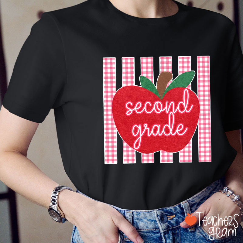 Personalized Grade Gingham Apple Teacher T-Shirt