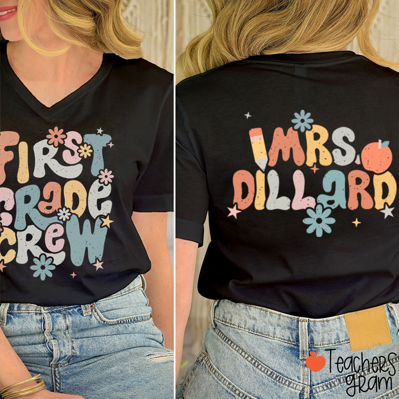 Personalized Name And Grade Bloom Flowers Teacher Female V-Neck Two Sided T-Shirt