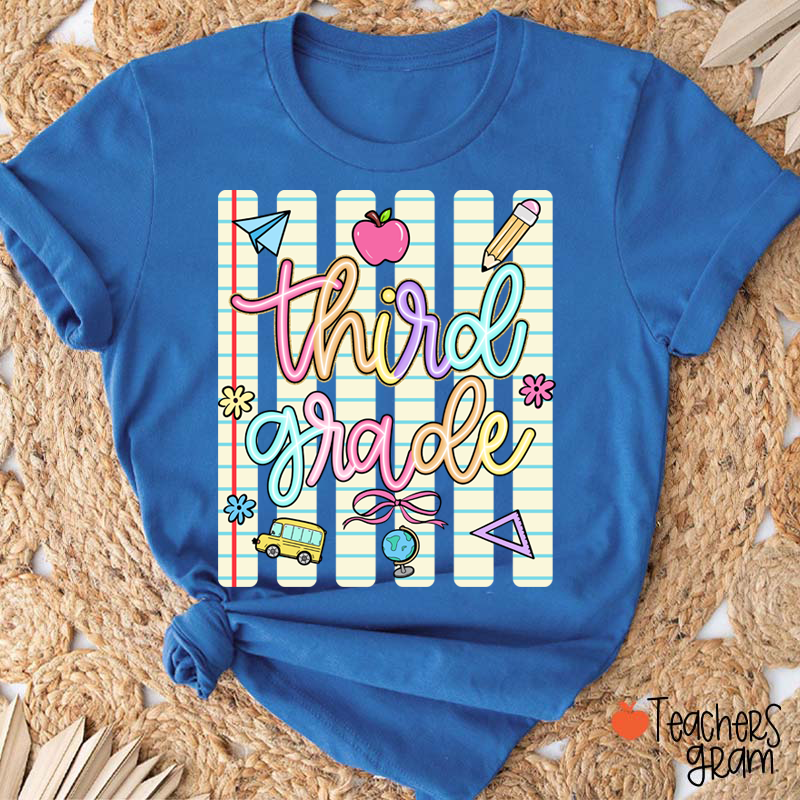 Personalized Grade Notebook Stripes Cute Icons Teacher T-Shirt
