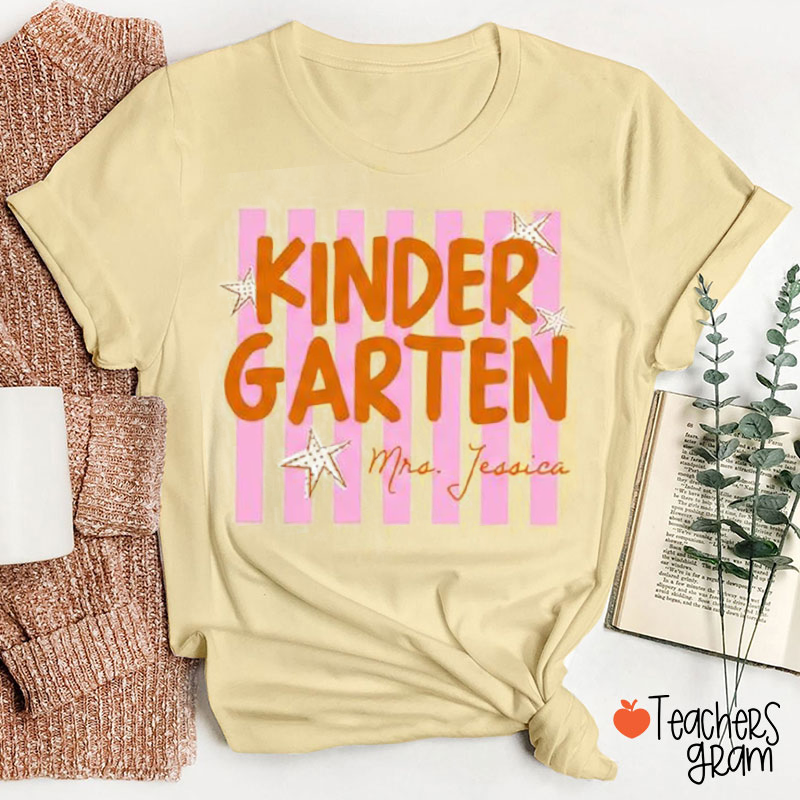 Personalized Name And Grade Pink Stripe Star Teacher T-Shirt