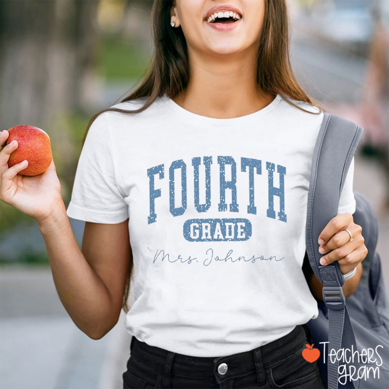Personalized Name And Grade Vintage Distressed Varsity Letter Teacher T-Shirt