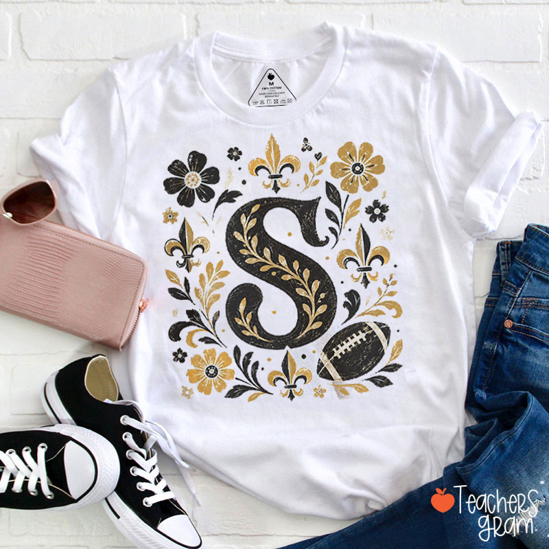 Personalized Initial Folk Floral Sport Element Ornate Letter Teacher T‑Shirt
