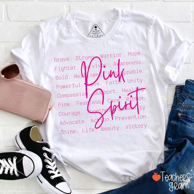 Pink Spirit Motivational Word Collage Graphic Teacher T‑Shirt