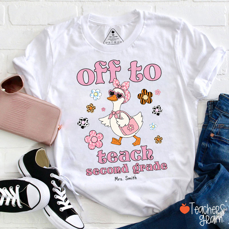 Personalized Name Grade Cute Duck Floral Teacher T-Shirt