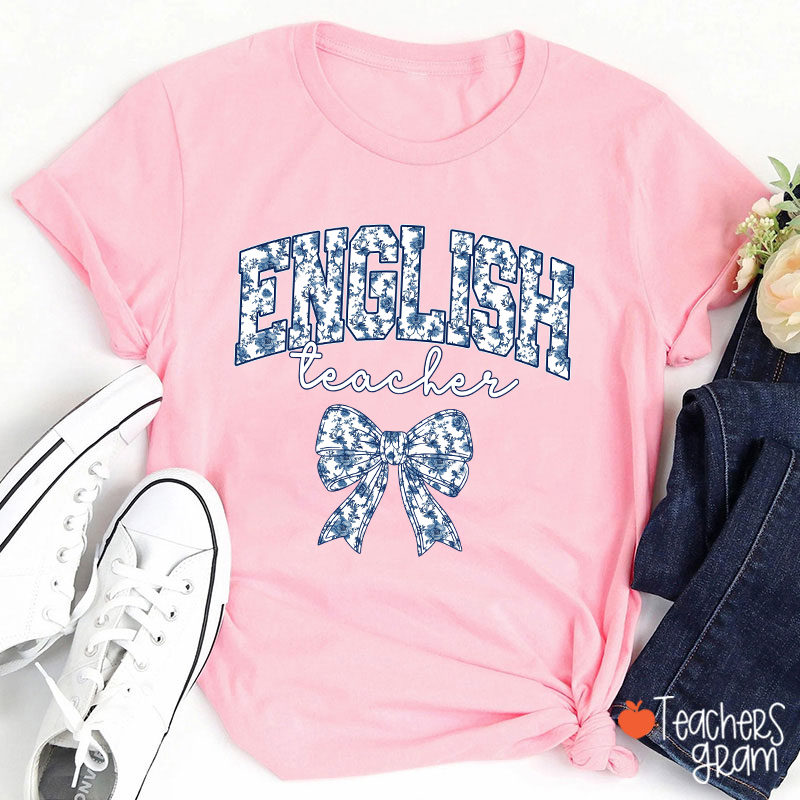 Personalized Text Blue And White Porcelain Bow Teacher T-Shirt