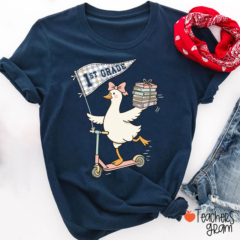 Personalized Grade Scooter Silly Goose Pennant Book Stack Teacher T-Shirt