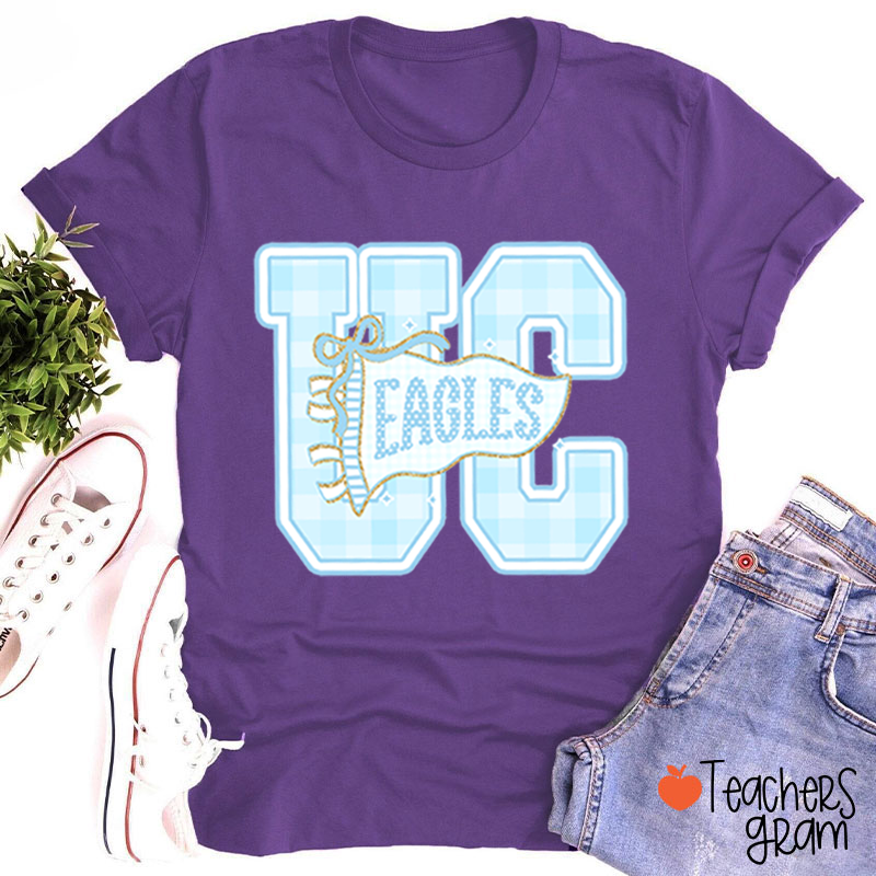 Personalized Mascot Gingham Varsity Letter Bow Teacher T-Shirt