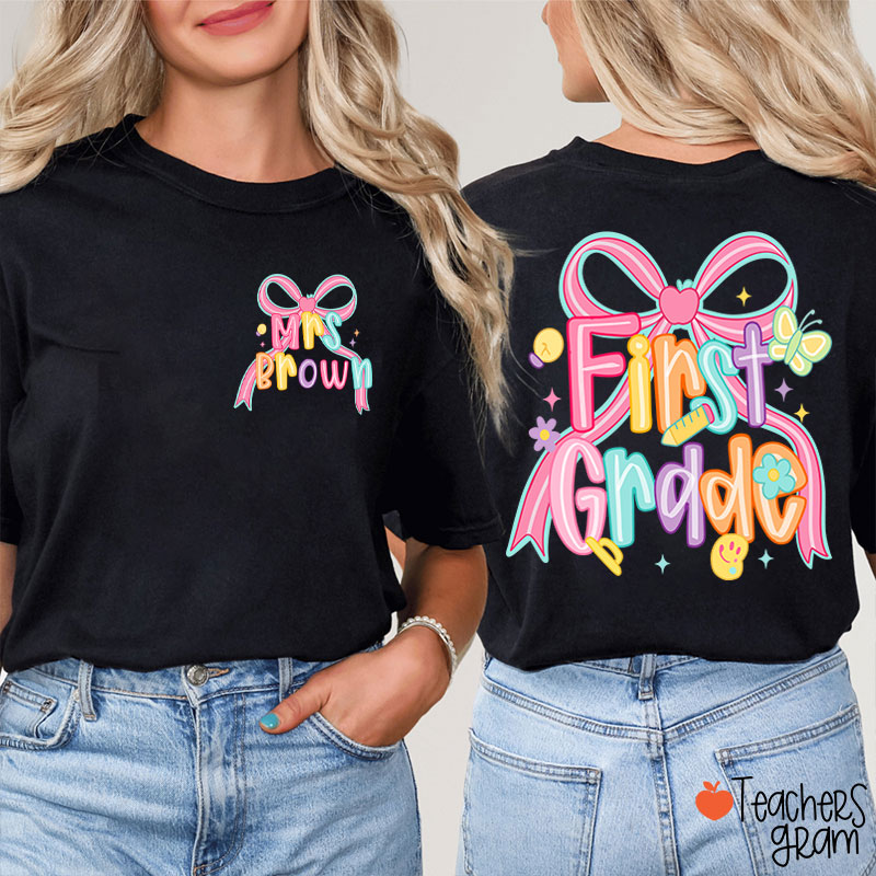 Personalized Name And Grade Pink Bow Teacher Two Sided T-Shirt