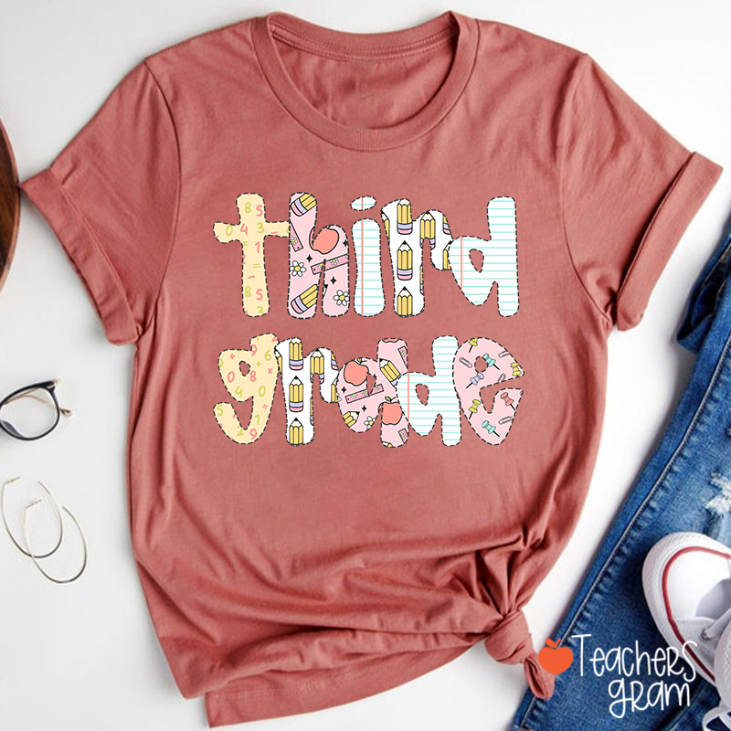 Personalized Grade Floral Pencil Notebook Teacher T-Shirt