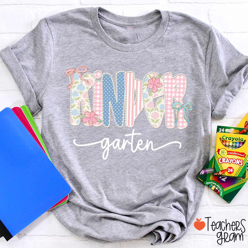 Personalized Grade Gingham Floral Bow Varsity Letter Teacher T-Shirt
