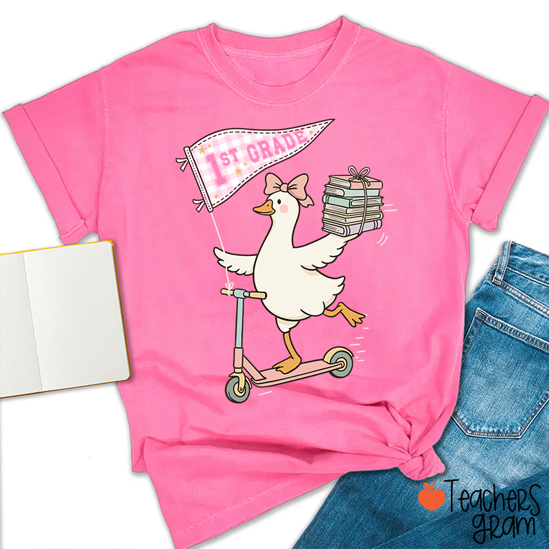 Personalized Grade Scooter Silly Goose Pennant Book Stack Teacher T-Shirt