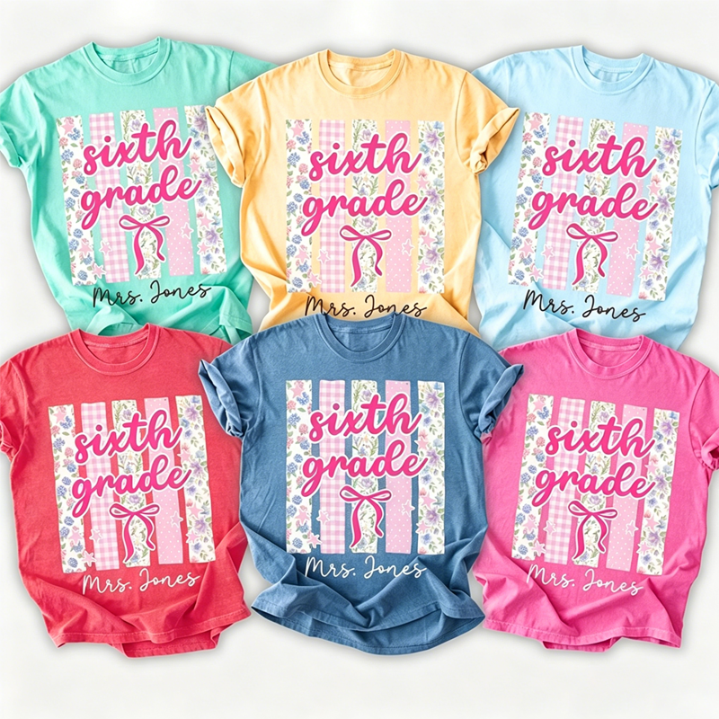 Personalized Grade Floral Preppy Stripes Teacher T-Shirt