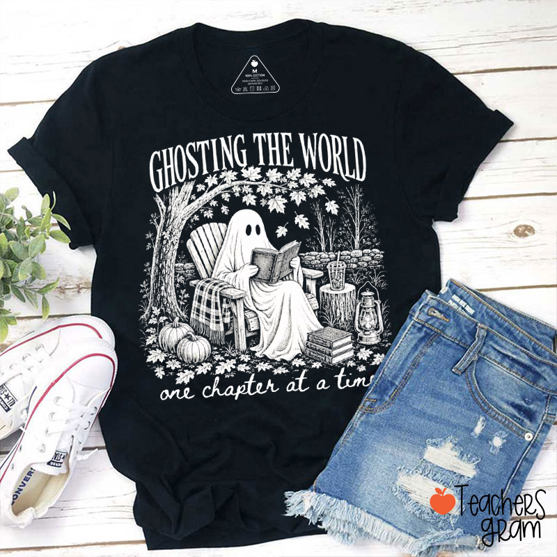 Ghosting The World Reading Ghost Fall Pumpkin Book Teacher T‑Shirt