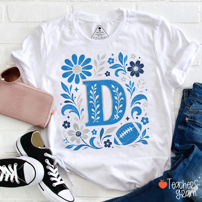 Personalized Initial Folk Floral Sport Element Ornate Letter Teacher T‑Shirt