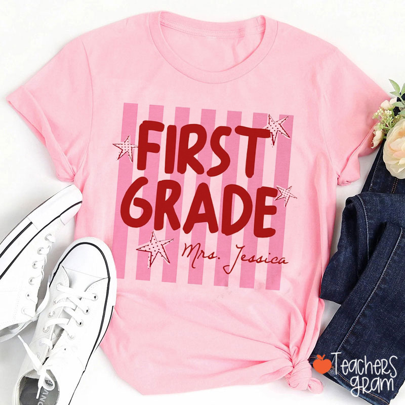 Personalized Name And Grade Pink Stripe Star Teacher T-Shirt