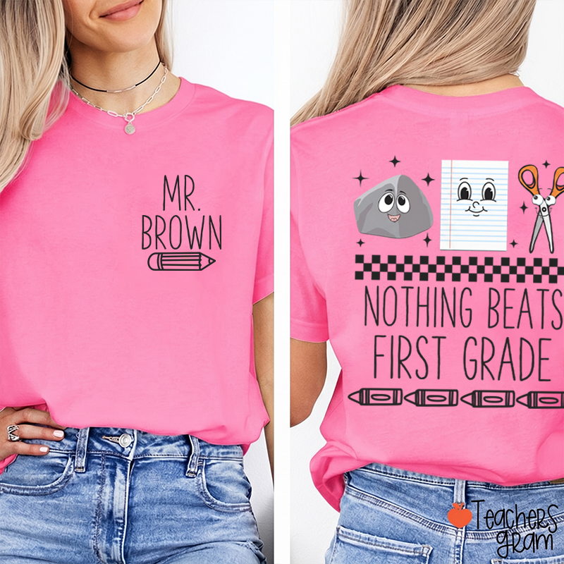 Personalized Grade Rock Paper Scissors Teacher Two Sided T-Shirt