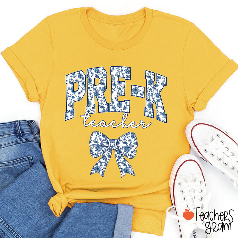 Personalized Text Blue And White Porcelain Bow Teacher T-Shirt