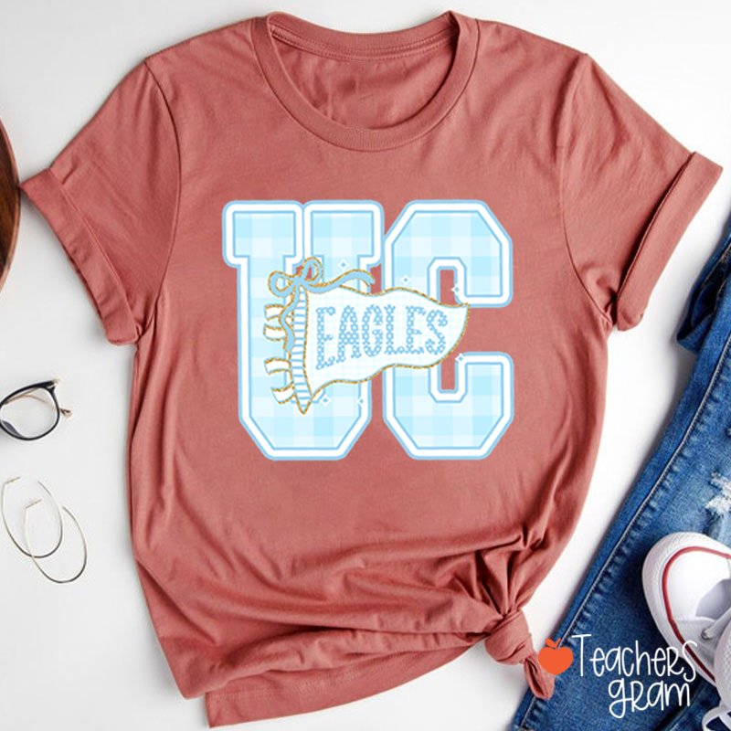Personalized Mascot Gingham Varsity Letter Bow Teacher T-Shirt