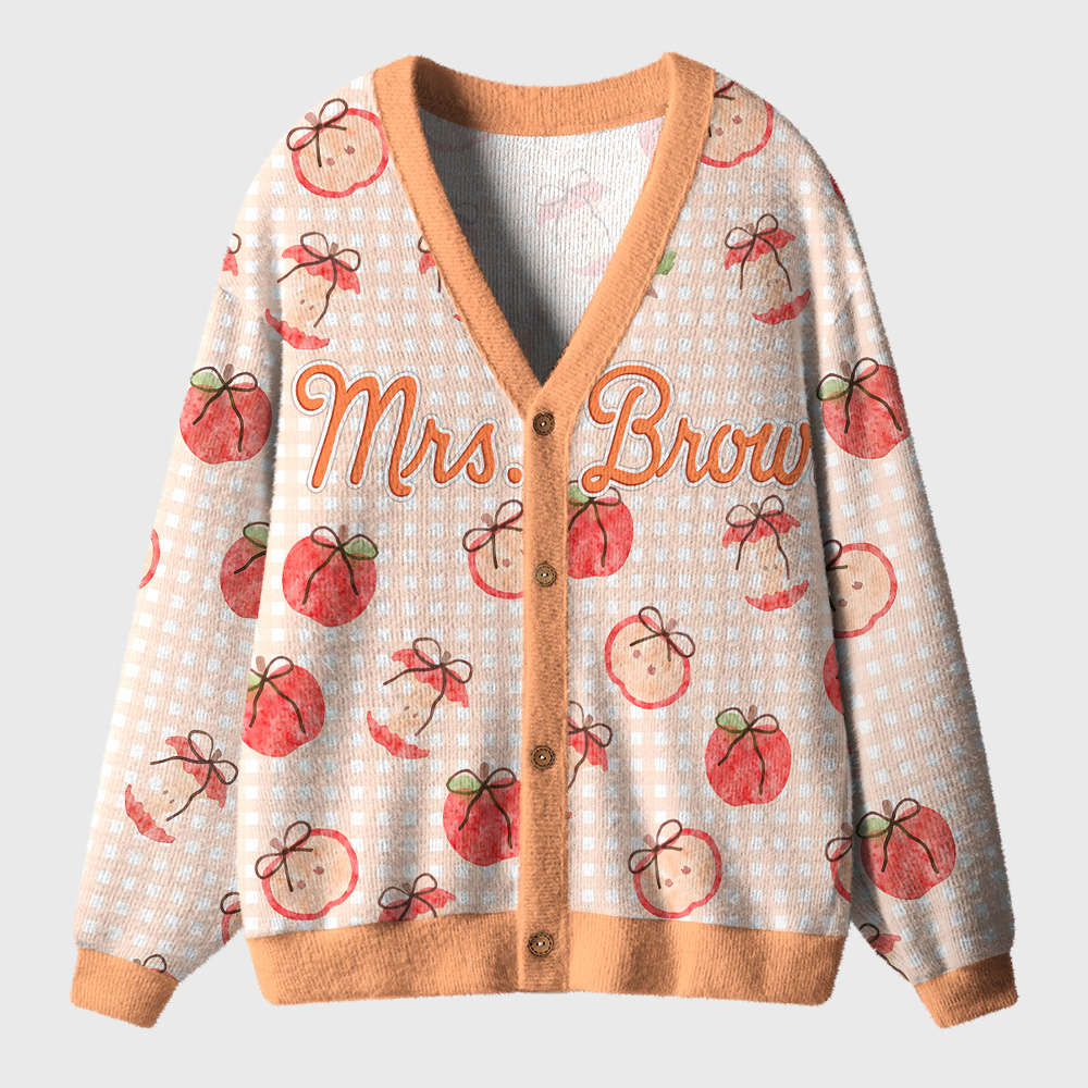 Personalized Name Apple Gingham Teacher Ugly Cardigan Sweaters