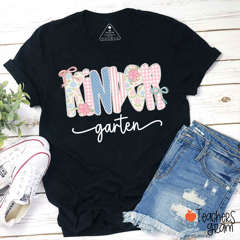 Personalized Grade Gingham Floral Bow Varsity Letter Teacher T-Shirt