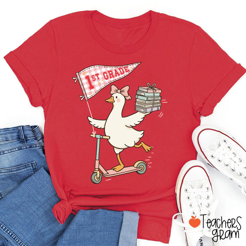 Personalized Grade Scooter Silly Goose Pennant Book Stack Teacher T-Shirt