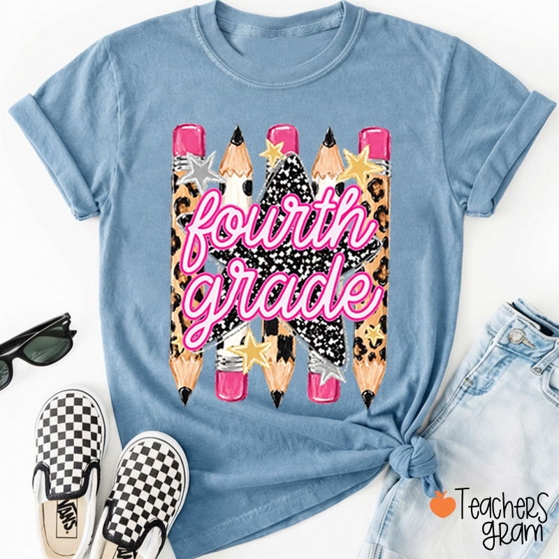 Personalized Grade Name Leopard Star Pencil Teacher T-Shirt