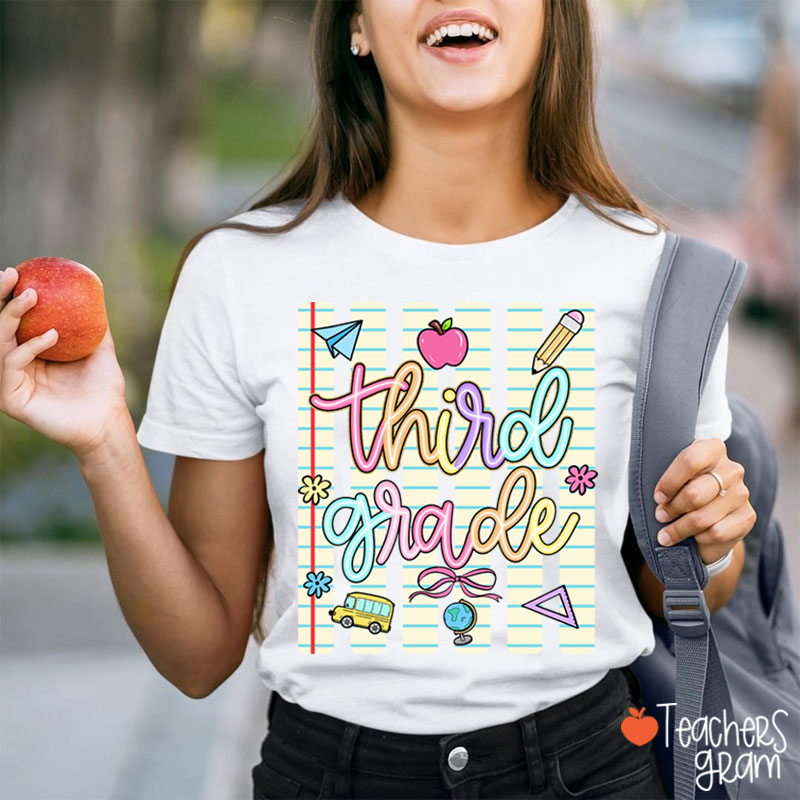 Personalized Grade Notebook Stripes Cute Icons Teacher T-Shirt