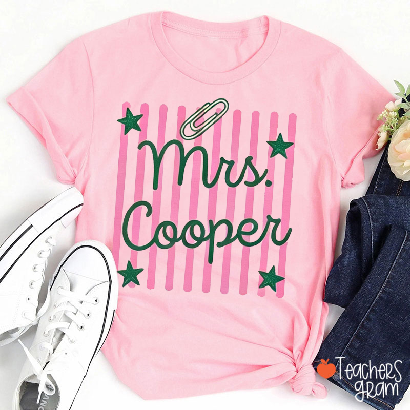 Personalized Name Stripes Star Paperclip Teacher T-Shirt