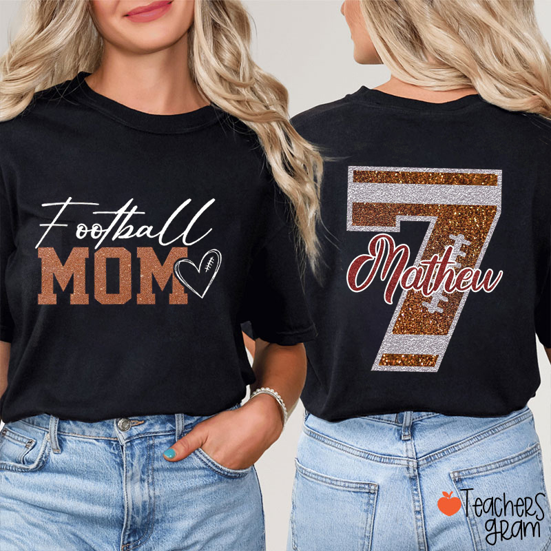 Personalized Mascot Mom Faux Glitter Number Name Sport Teacher Two Sided T-Shirt