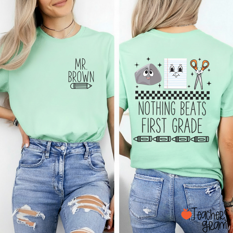 Personalized Grade Rock Paper Scissors Teacher Two Sided T-Shirt