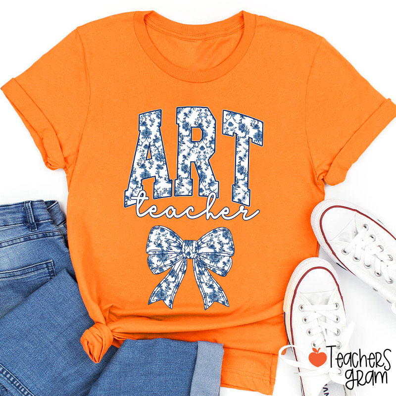 Personalized Text Blue And White Porcelain Bow Teacher T-Shirt