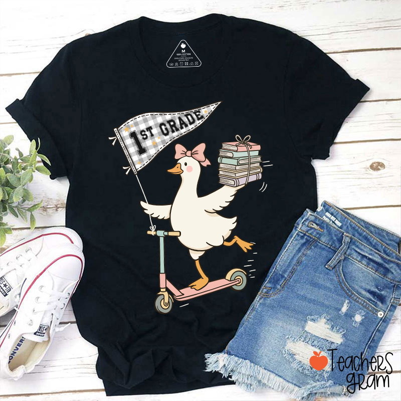 Personalized Grade Scooter Silly Goose Pennant Book Stack Teacher T-Shirt